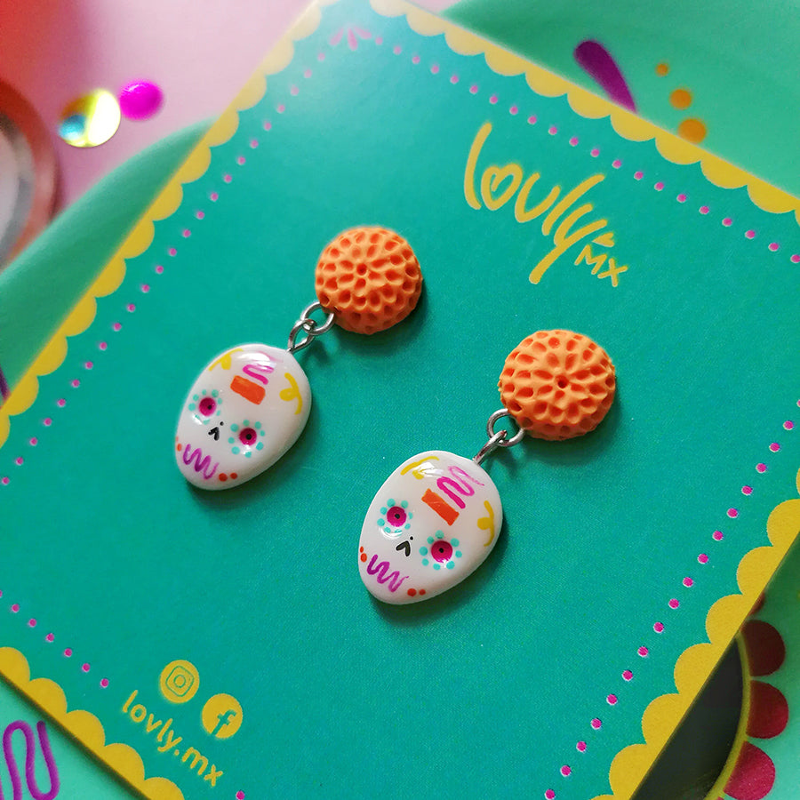 Aretes Calavera de azúcar con flor