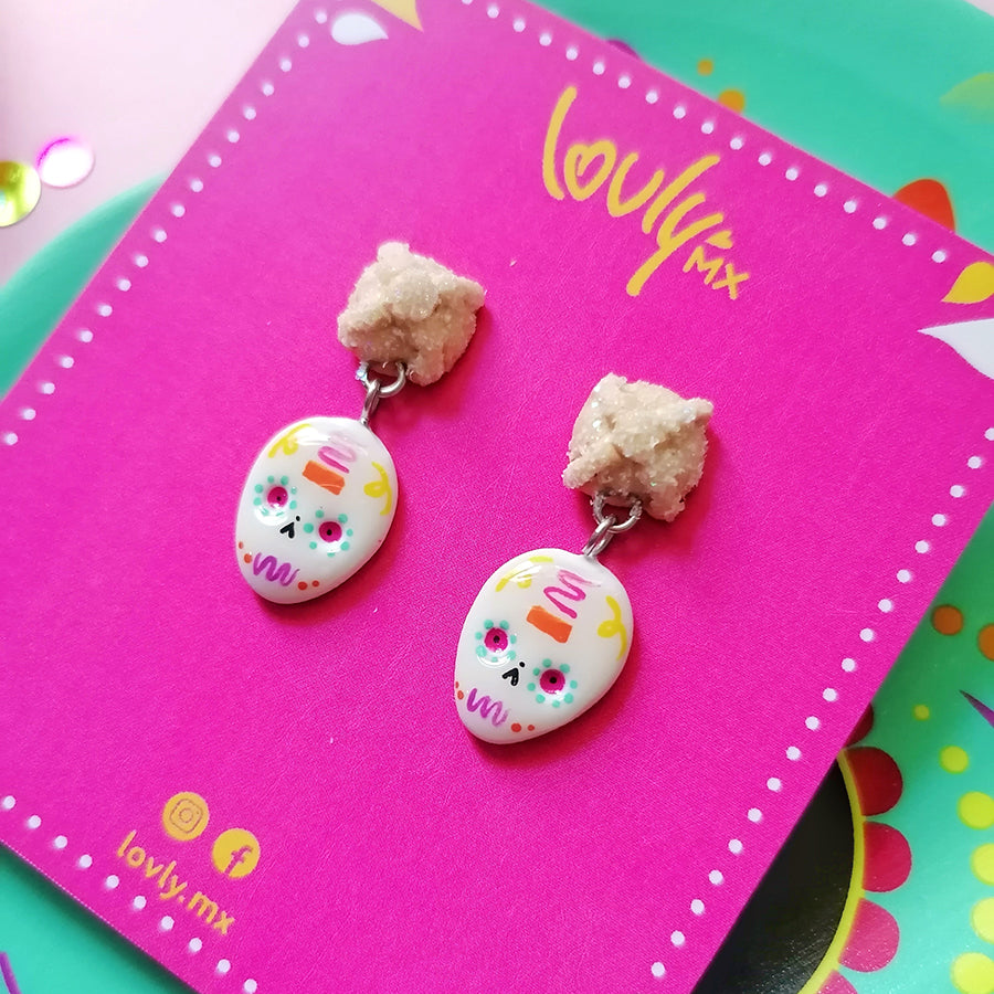 Aretes calavera de azúcar y pan de muerto