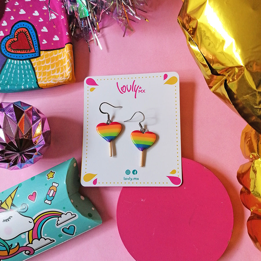 Aretes paleta de corazon rainbow
