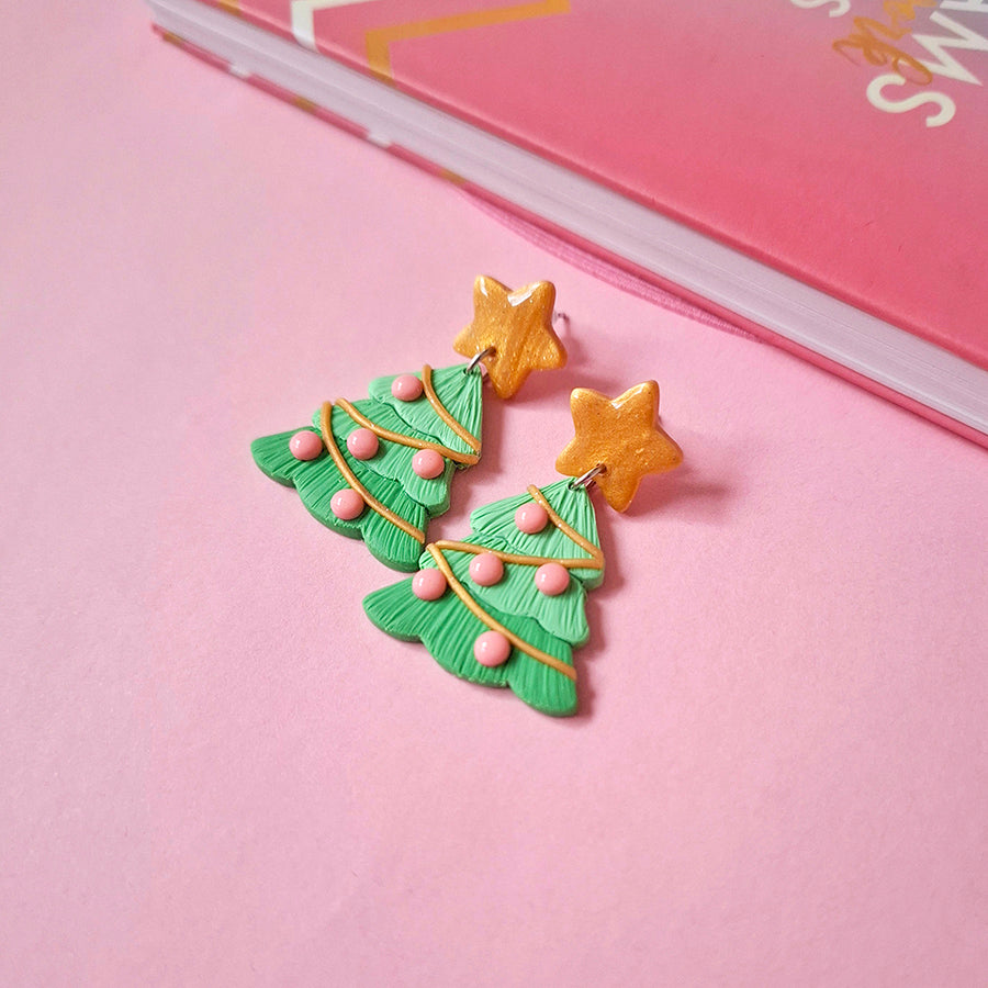 Aretes arbolitos navidad esferas rosas