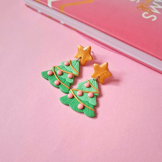 Aretes arbolitos navidad esferas rosas