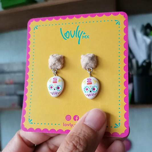 Aretes calavera de azúcar y pan de muerto
