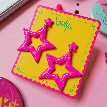 Aretes estrella rosa con glitter