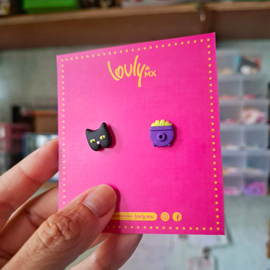 Aretes gatito negro y caldero de bruja