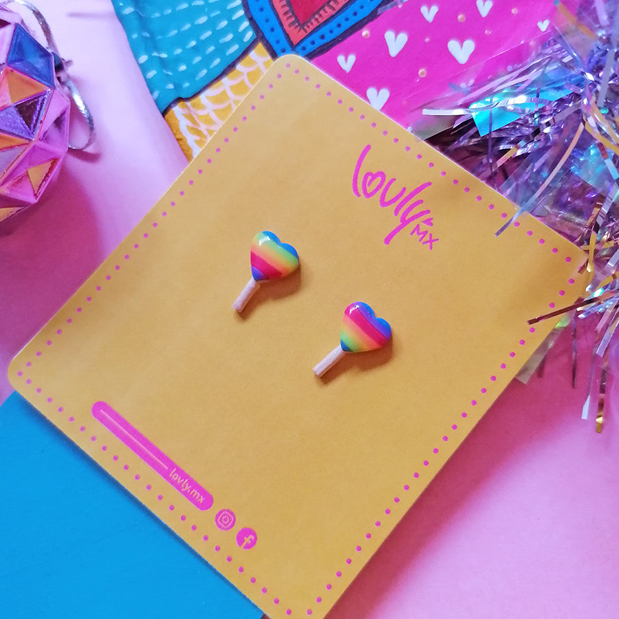Aretes mini paletas corazón rainbow