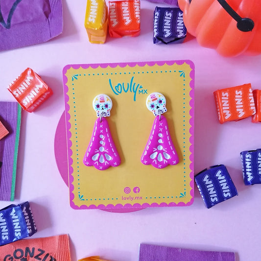 Aretes papel picado calavera de azúcar