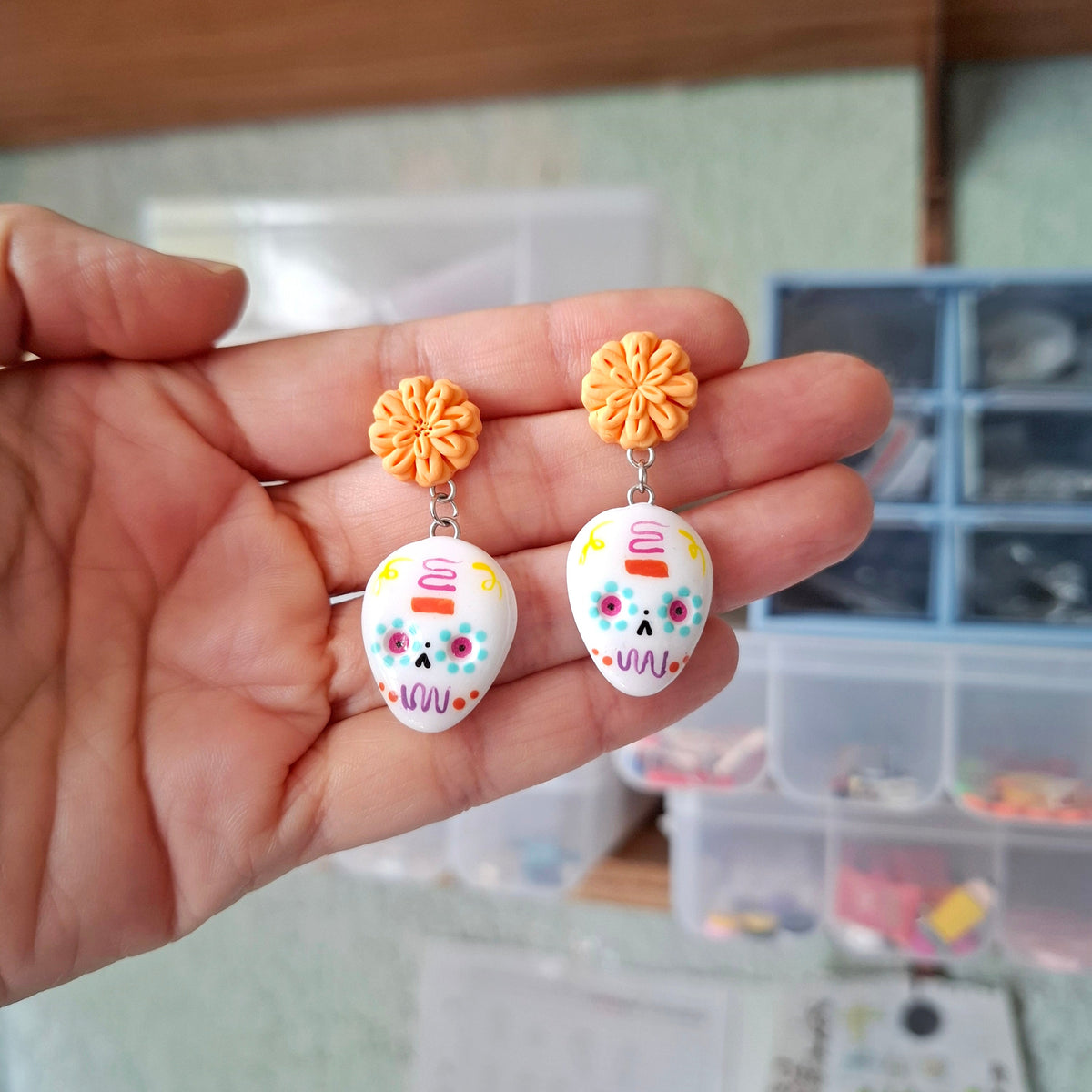 Aretes Calavera de azúcar con flor